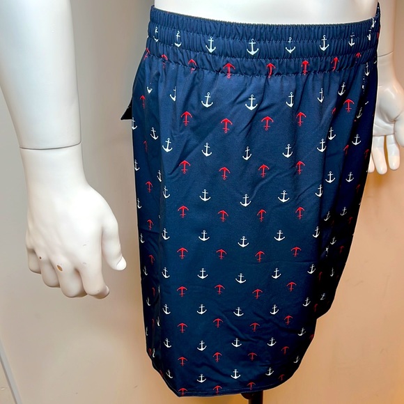 LAGUNA COASTAL FIT ABOVE THE KNEE BATHING SUIT, NAVY WITH RED & WHITE ANCHORS, L - Picture 2 of 15